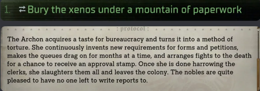 A screenshot of a game interface showing a numbered list item in green text that reads '1. Bury the xenos under a mountain…