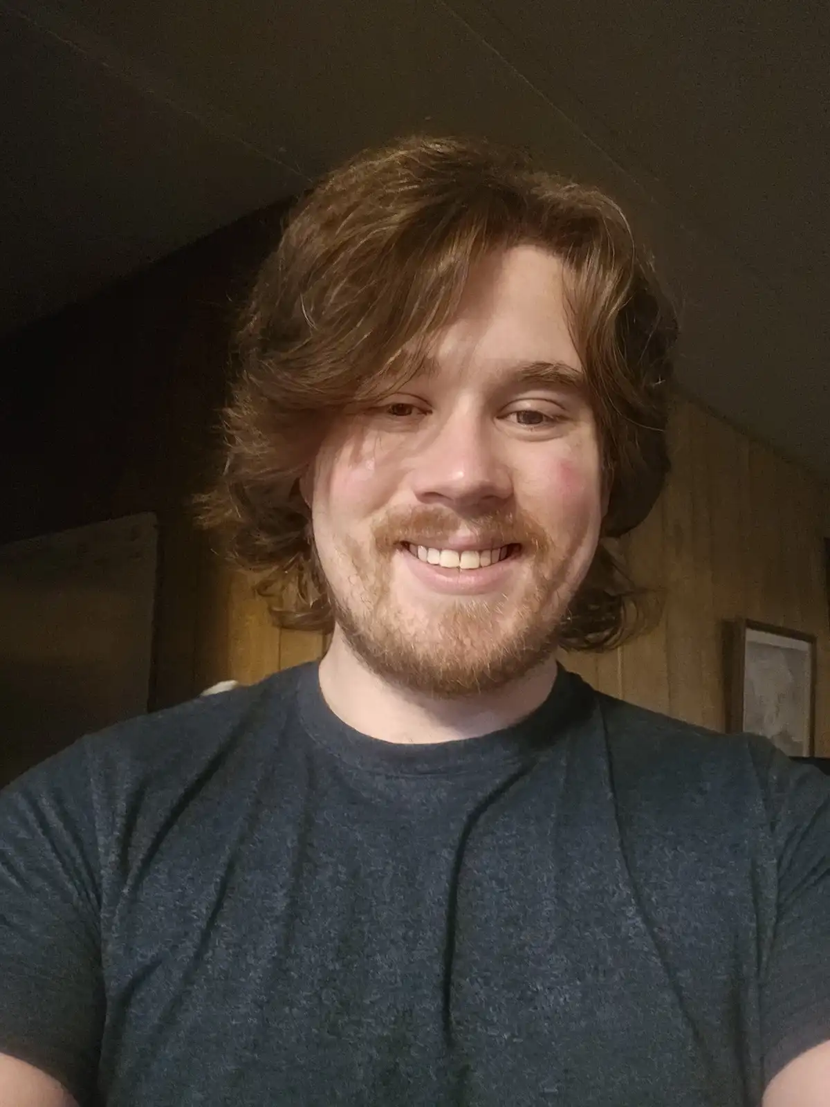 A selfie of a smiling man with brown wavy hair and a beard, wearing a dark grey t-shirt, taken indoors with wood-paneled…