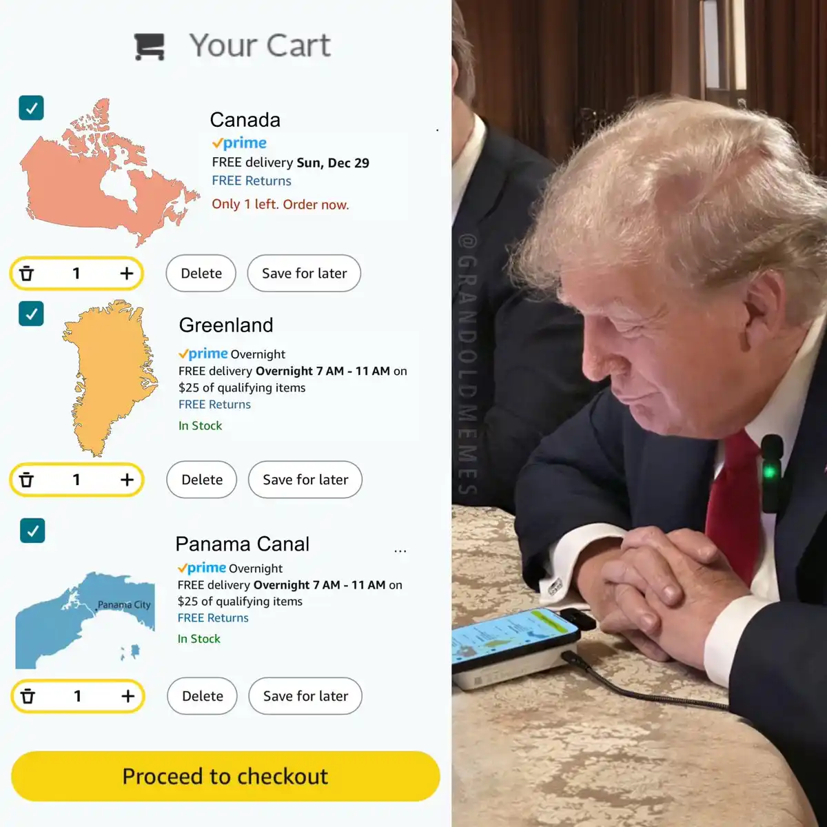 The image is split: left side shows a mock Amazon cart with Canada, Greenland, and the Panama Canal listed as purchasable…