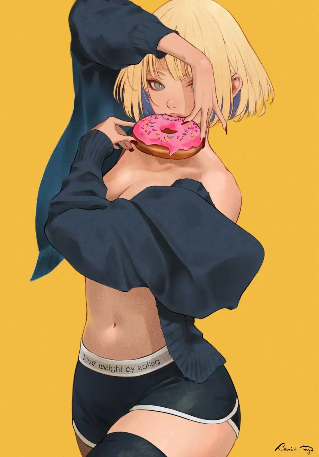 An anime-style illustration of a blonde woman with a pink-frosted donut covering her mouth, wearing a dark blue…