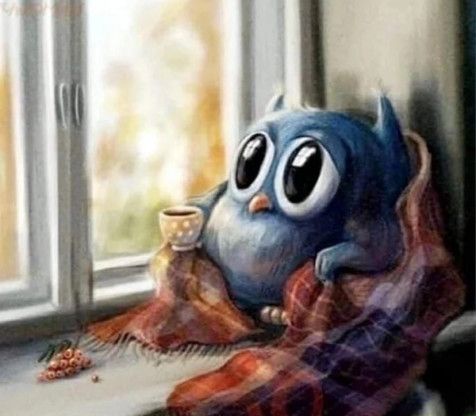 A cartoon blue owl with large, wide eyes sits cozily on a windowsill wrapped in a red and purple plaid blanket, holding a…