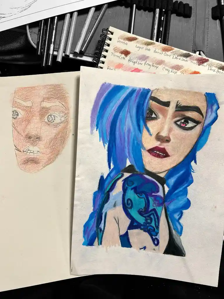 Two drawings side by side: a rough, unfinished sketch of a face on the left and a detailed, colorful portrait of a…
