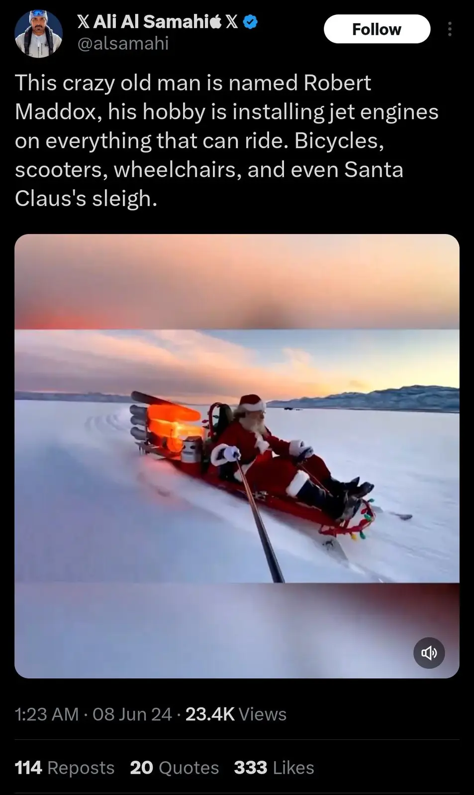 A person dressed as Santa Claus is riding a red sleigh across a snowy landscape at sunset, with multiple jet engines mounted…