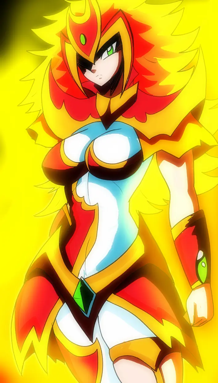 An anime-style female character with fiery yellow and red hair and a matching armored outfit stands against a bright yellow…