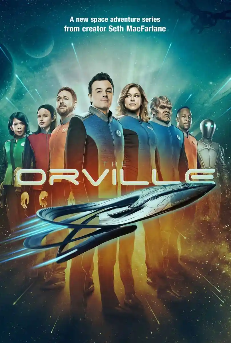 The promotional poster for the TV show 'The Orville' features a lineup of eight diverse crew members in futuristic uniforms…
