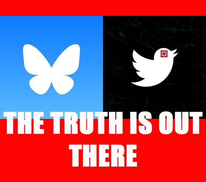 The image is split vertically: left side shows a white butterfly on a blue background, right side shows a white Twitter bird…