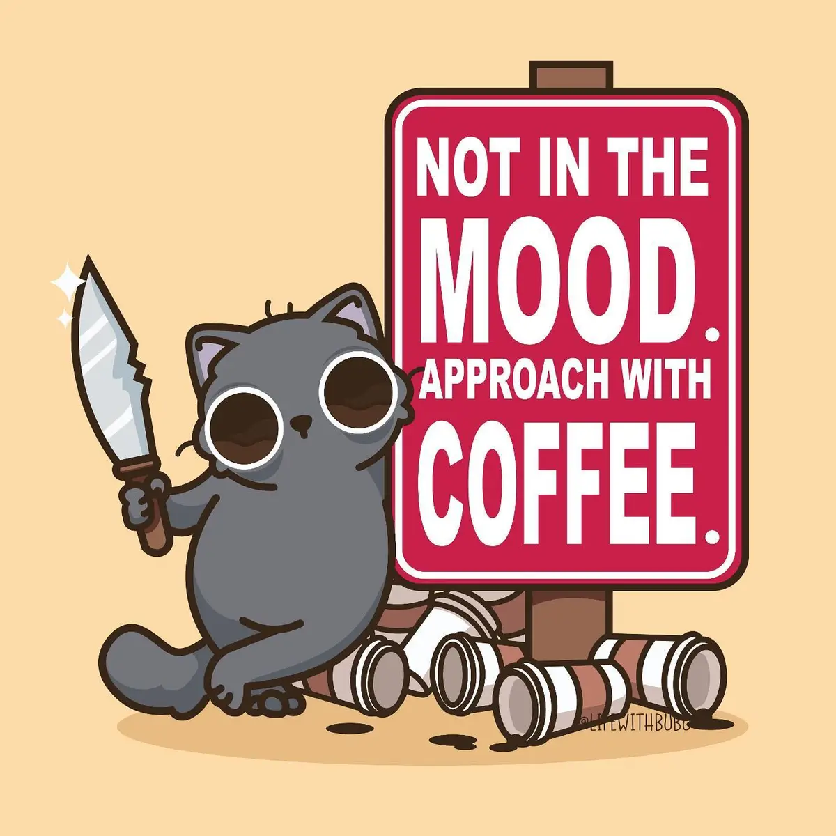 A cartoon gray cat with large, dark eyes holds a large knife while sitting next to a red warning sign that reads 'NOT IN THE…