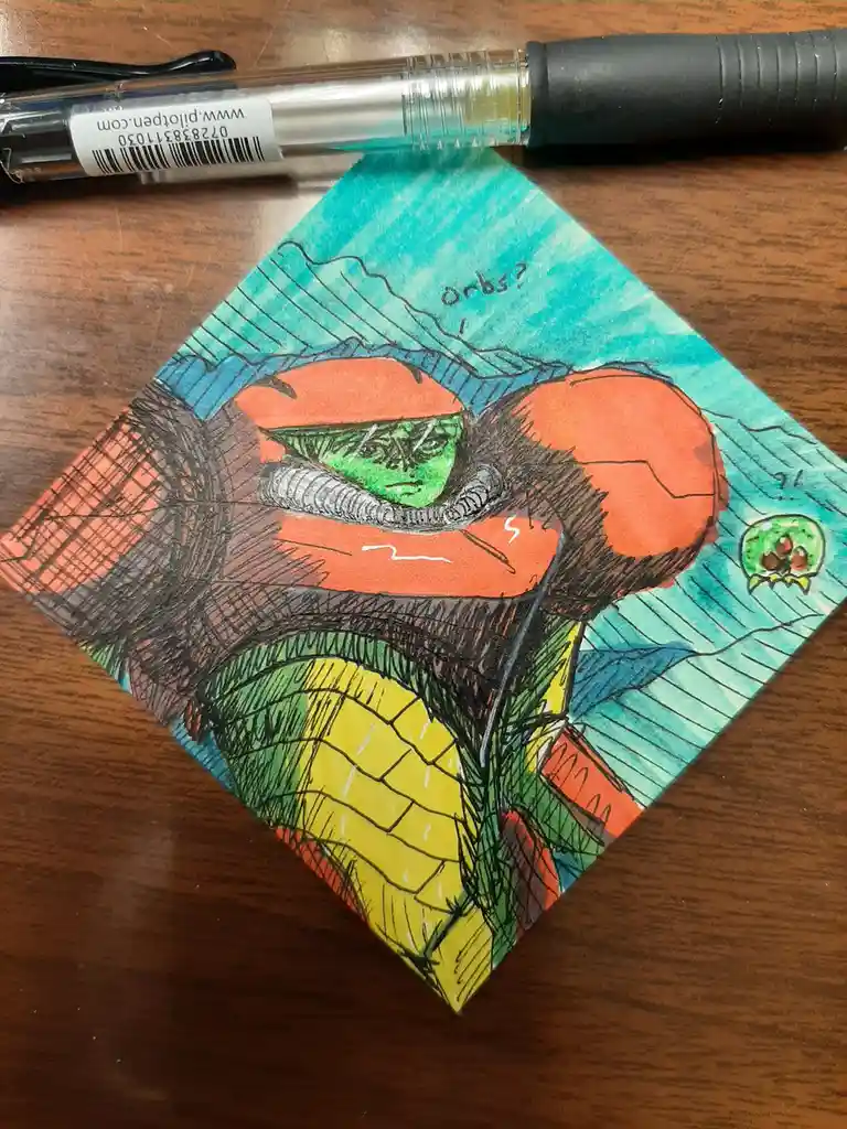 A hand-drawn, colored illustration on a diamond-shaped piece of paper depicts a green-skinned, muscular character with…
