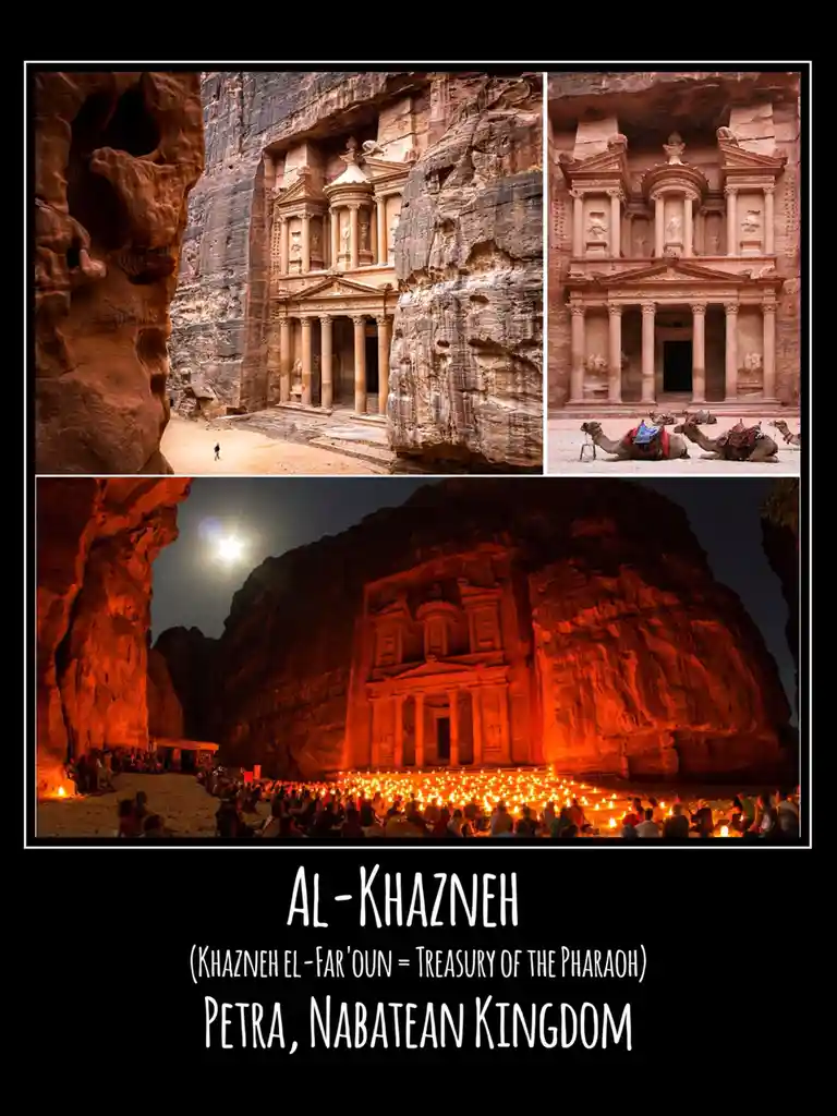 A collage of three photos of Petra's Al-Khazneh, showing it from different angles and times of day, including daytime views…