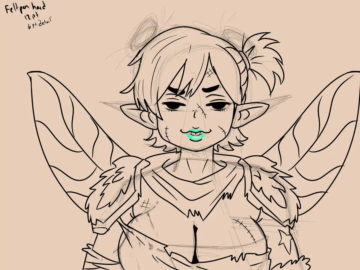 A black-and-white line art sketch of a chibi-style elf with large pointed ears, leaf-like wings, and stitched facial scars…