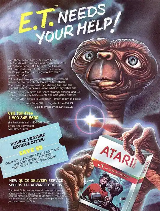 A vintage Atari advertisement featuring the alien E.T. from the movie holding an Atari 2600 game cartridge. The ad text…