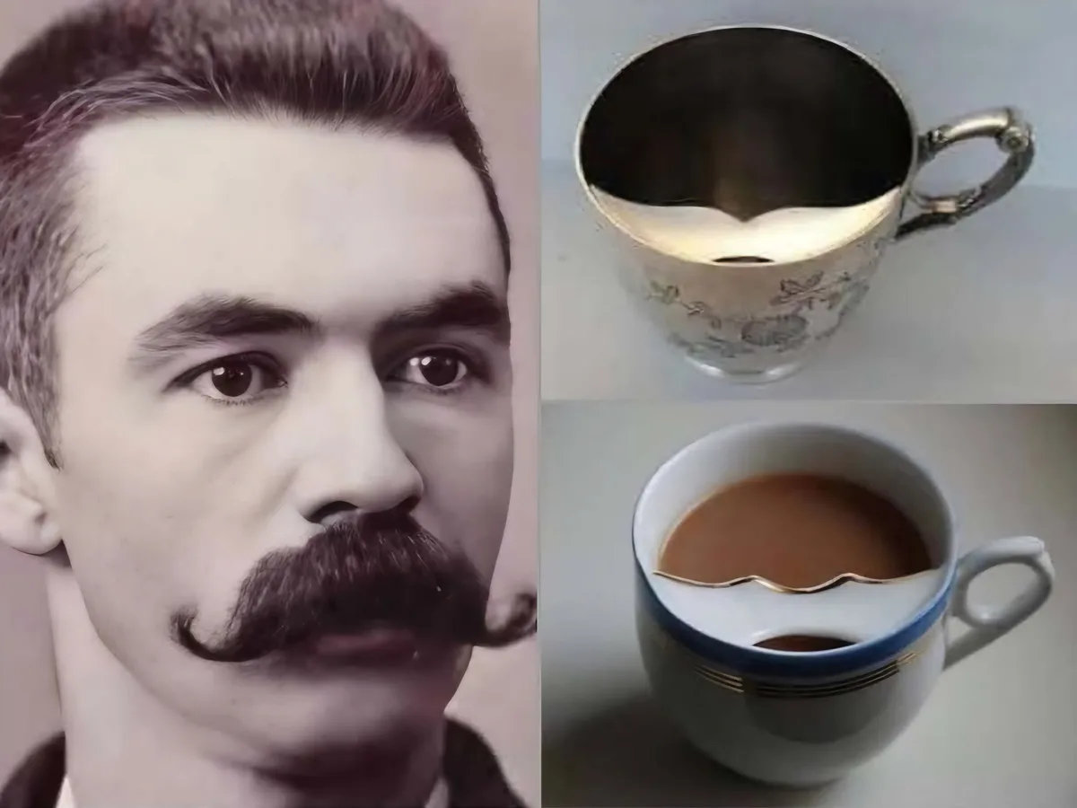 A vintage portrait of a man with a prominent handlebar mustache is juxtaposed with two cups: one silver cup with a…