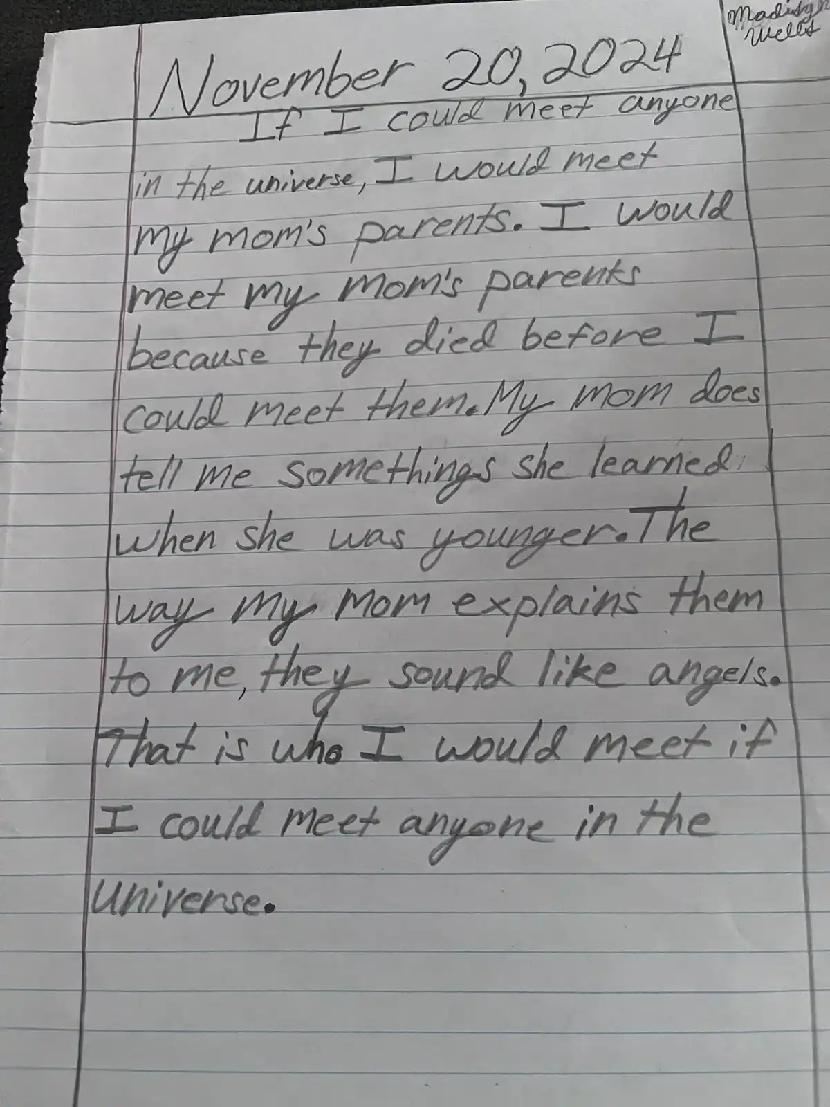 A handwritten note on lined notebook paper dated November 20, 2024, expresses a child's heartfelt wish to meet their…