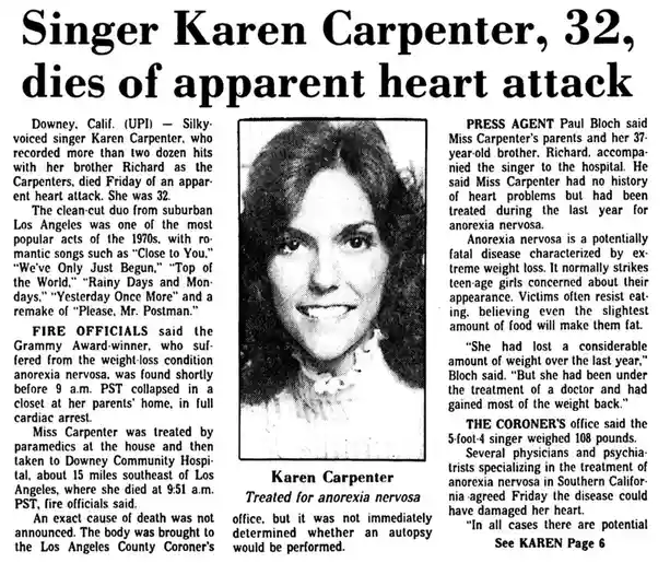 A black-and-white newspaper clipping from the 1980s shows a photo of singer Karen Carpenter with the headline 'Singer Karen…