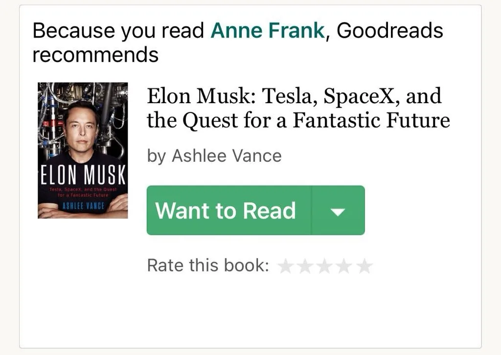 The image displays a Goodreads book recommendation interface. It shows a book cover of 'Elon Musk: Tesla, SpaceX, and the…