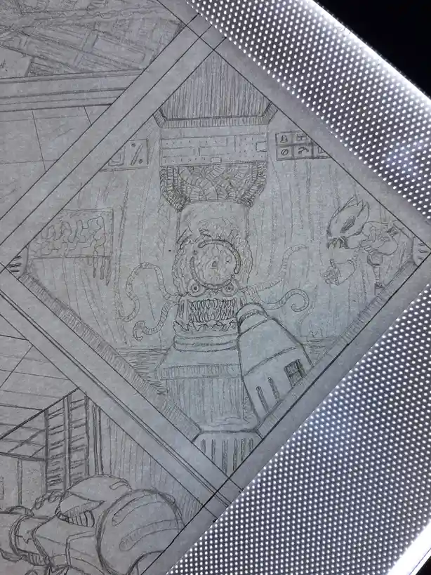 A pencil sketch on paper shows a large, monstrous creature with tentacles and a single eye, standing in a room with a…