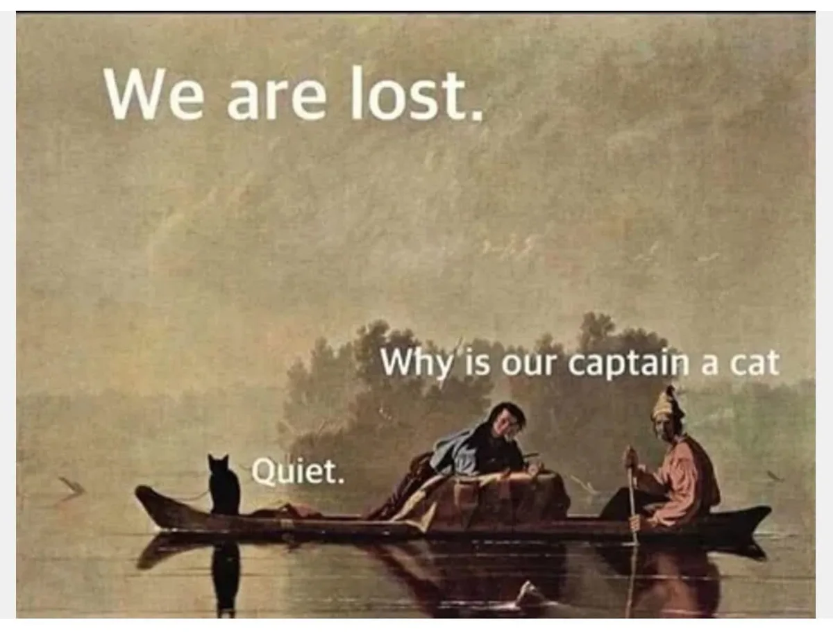 A classical painting depicts two men in a canoe on calm water, with a black cat standing at the bow. The man at the stern…