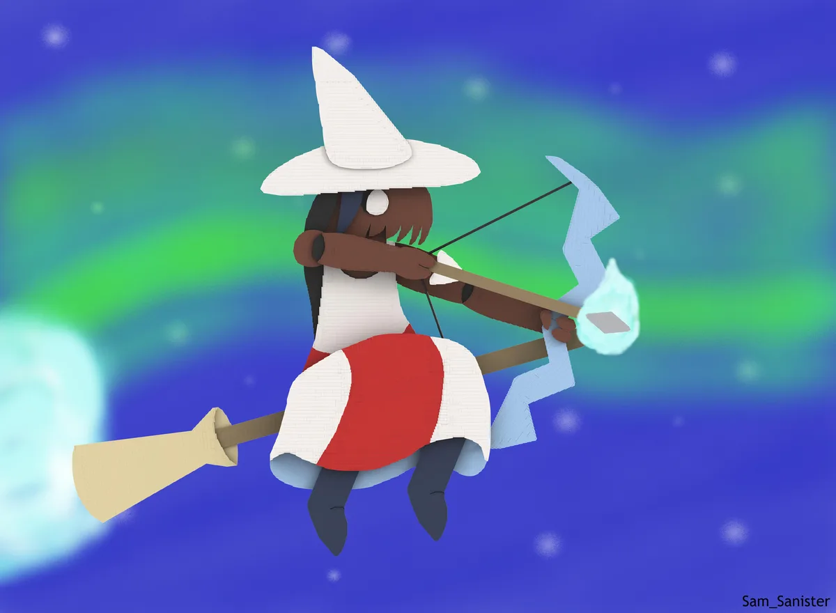 A stylized, blocky witch with dark skin, wearing a white pointed hat and a red-and-white dress, is riding a broomstick while…