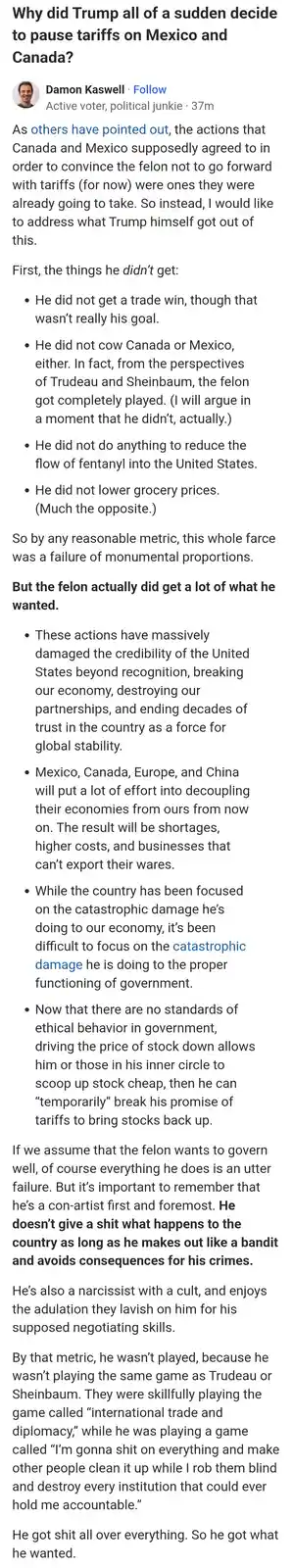 A screenshot of a social media post by Damon Kaswell analyzing why Trump paused tariffs on Mexico and Canada, arguing that…