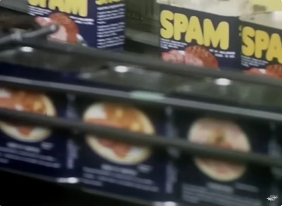 A blurry image of canned SPAM products on a supermarket shelf, viewed through a shopping cart's metal bars. The word 'SPAM'…