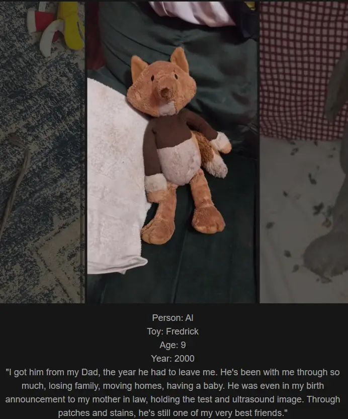A worn, brown and white stuffed fox toy named Fredrick sits on a dark green couch next to a white towel. Text overlaid at…