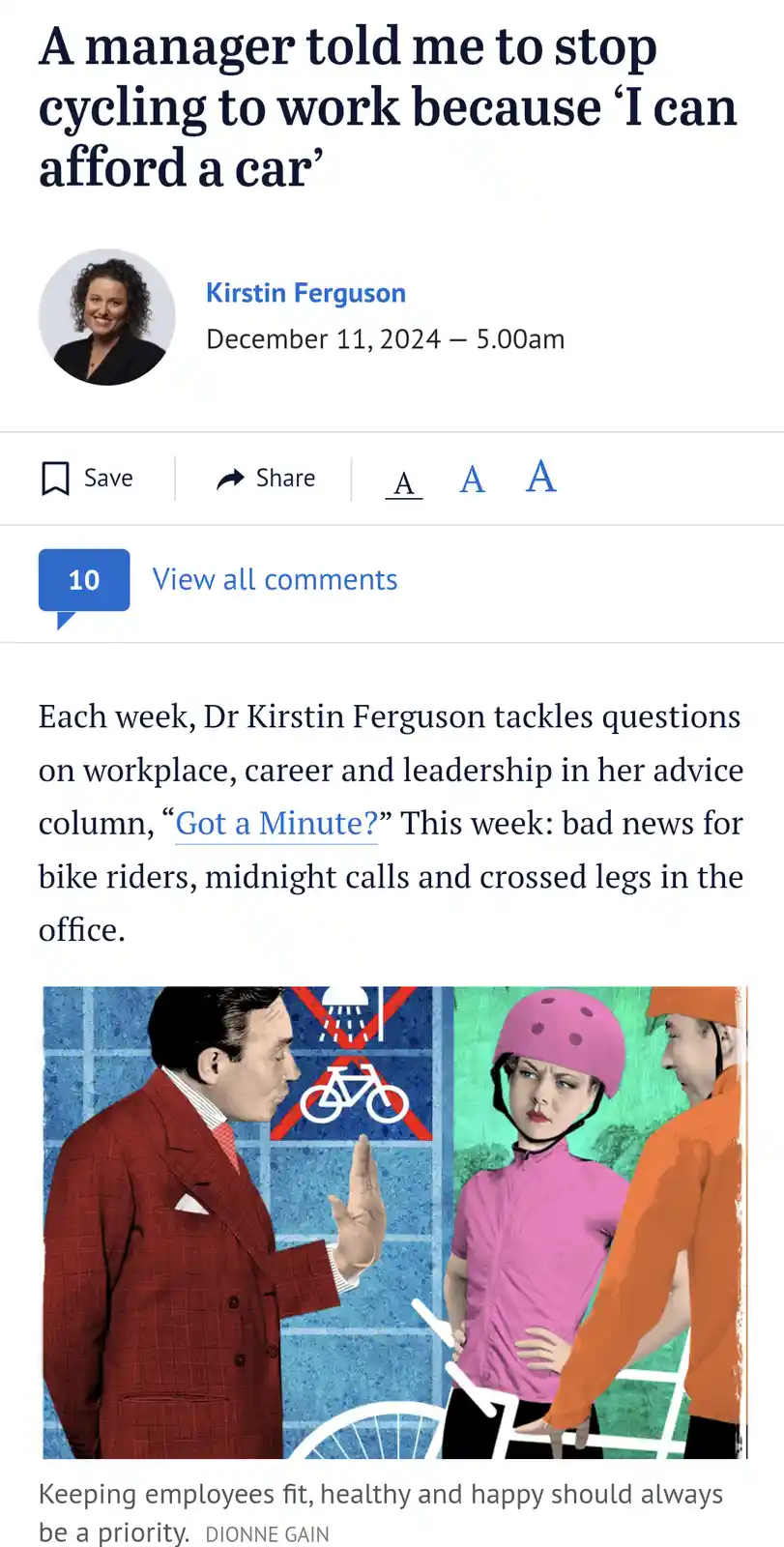 An illustration shows a man in a red suit gesturing 'no' to two cyclists, one in a pink helmet and jacket, the other in…