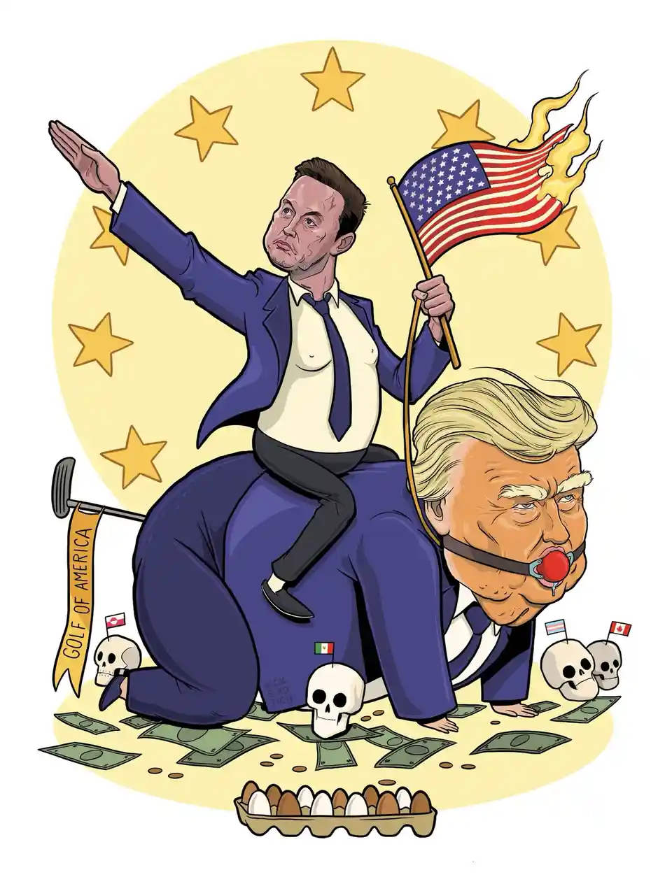 A cartoon depicts Elon Musk riding atop a kneeling Donald Trump, who wears a red clown nose and holds a flaming American…