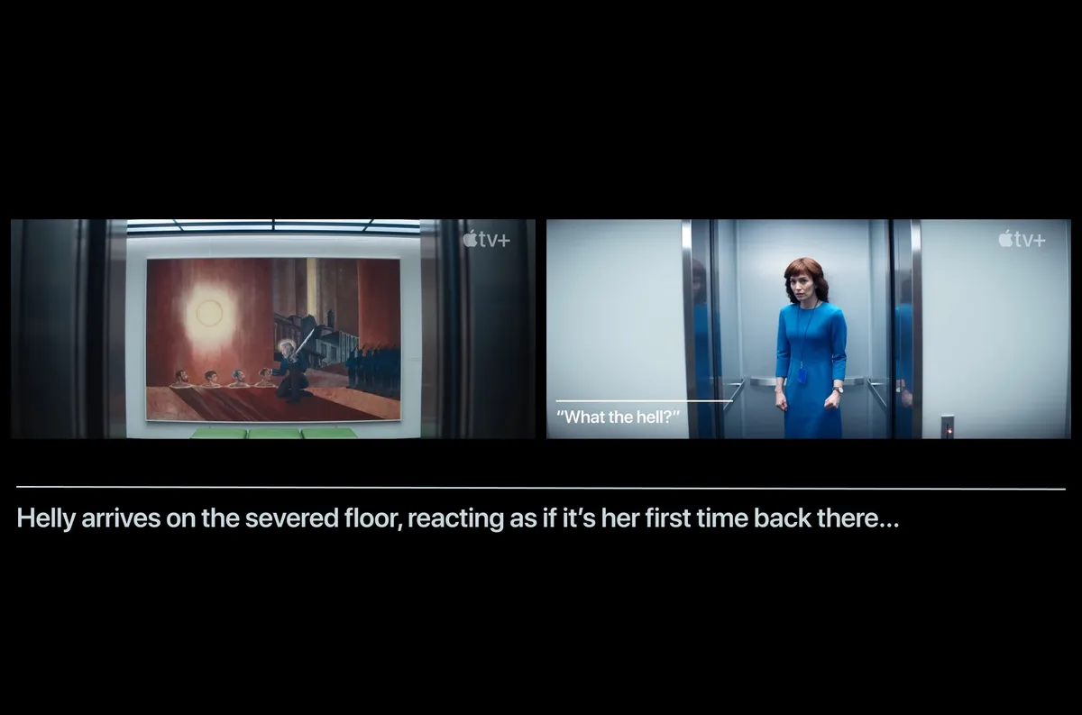 The image shows two side-by-side scenes from a TV show. The left panel displays a large, surreal painting depicting a man…