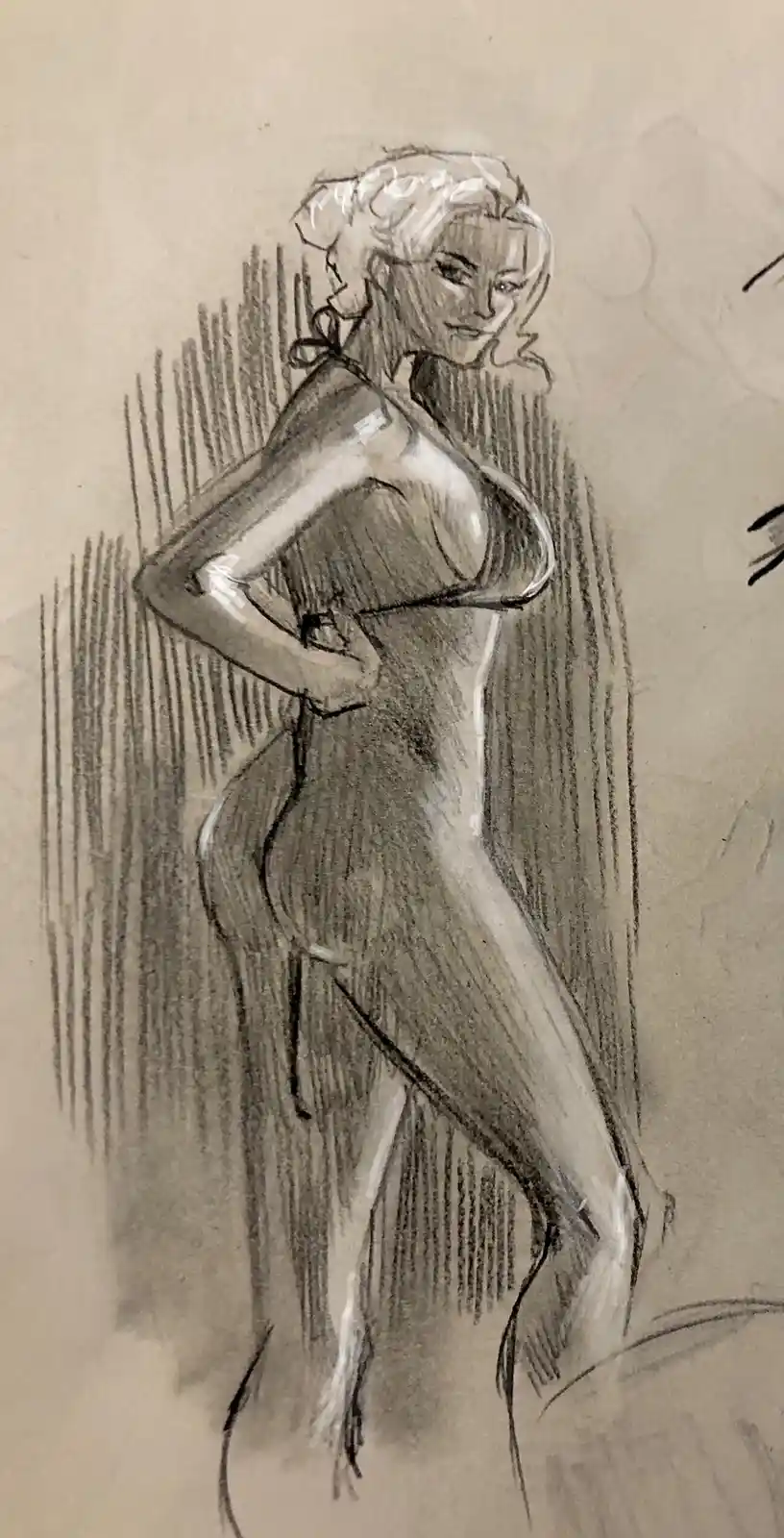 A pencil sketch of a woman in a revealing outfit, standing with one hand on her hip and looking over her shoulder. The image…