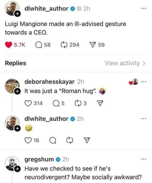 A screenshot of a Twitter thread shows a user claiming Luigi Mangione made an ill-advised gesture toward a CEO. A reply…