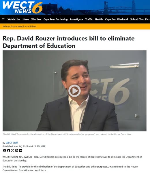A screenshot of a WECT News 6 webpage showing a video thumbnail of Rep. David Rouzer smiling while speaking. The headline…