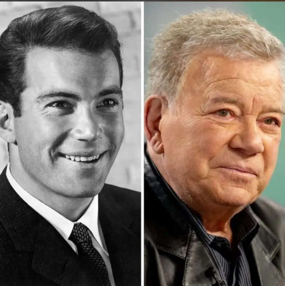 The image shows a side-by-side comparison of actor Tony Curtis: on the left, a youthful black-and-white photo of him smiling…