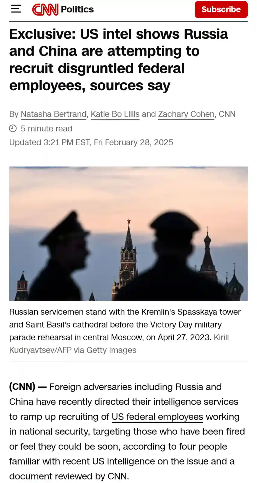A screenshot of a CNN Politics article with a headline about US intelligence reporting that Russia and China are recruiting…