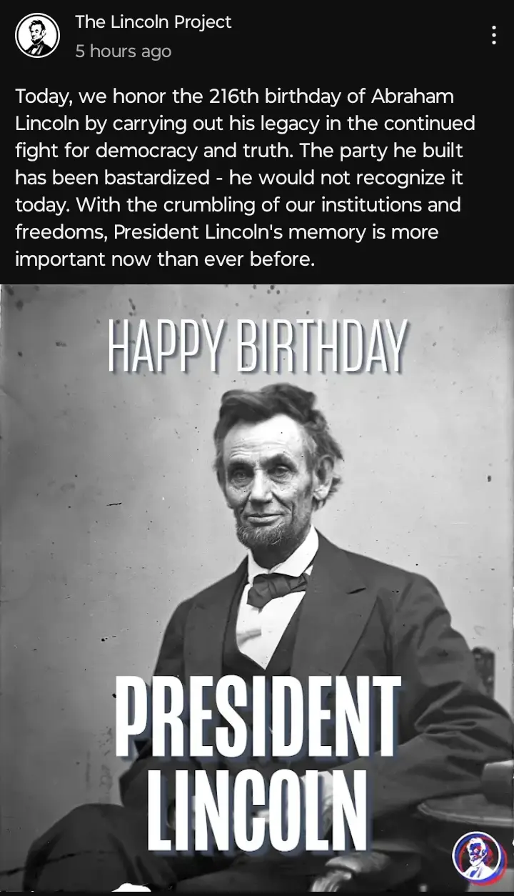 A black-and-white historical portrait of Abraham Lincoln is overlaid with large white text reading 'HAPPY BIRTHDAY PRESIDENT…
