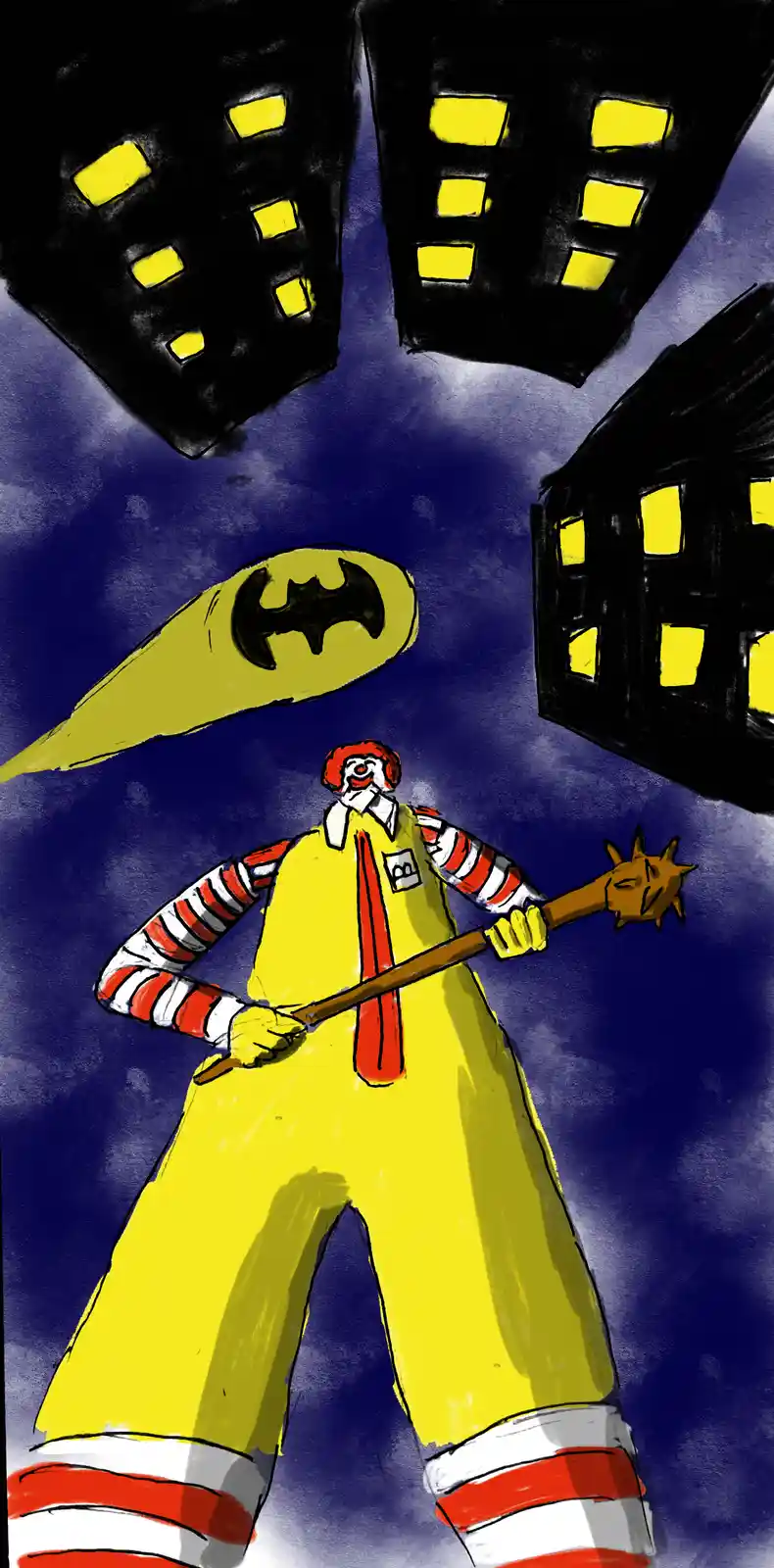 A cartoon drawing shows Ronald McDonald, the fast-food mascot in his yellow suit and red-and-white striped sleeves, standing…