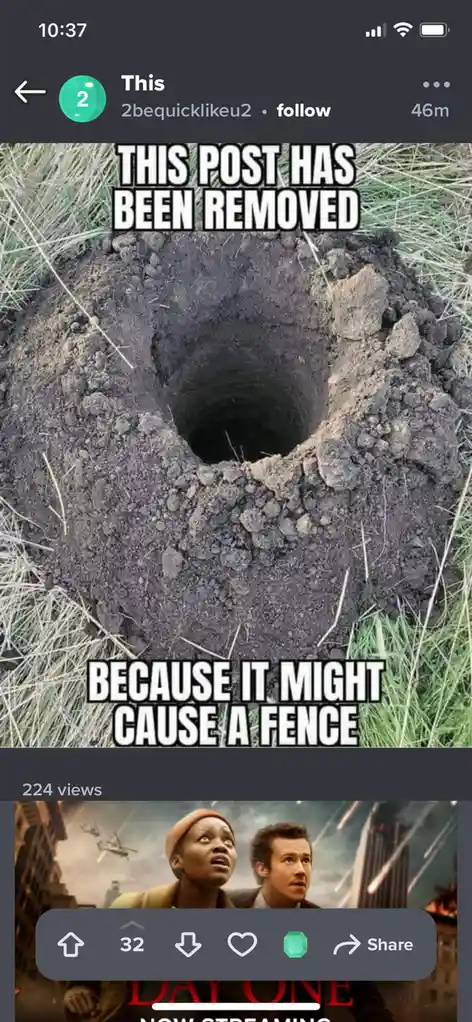 The image shows a large, dark hole dug in the ground, surrounded by loose dirt and grass. Overlaid text in bold white…