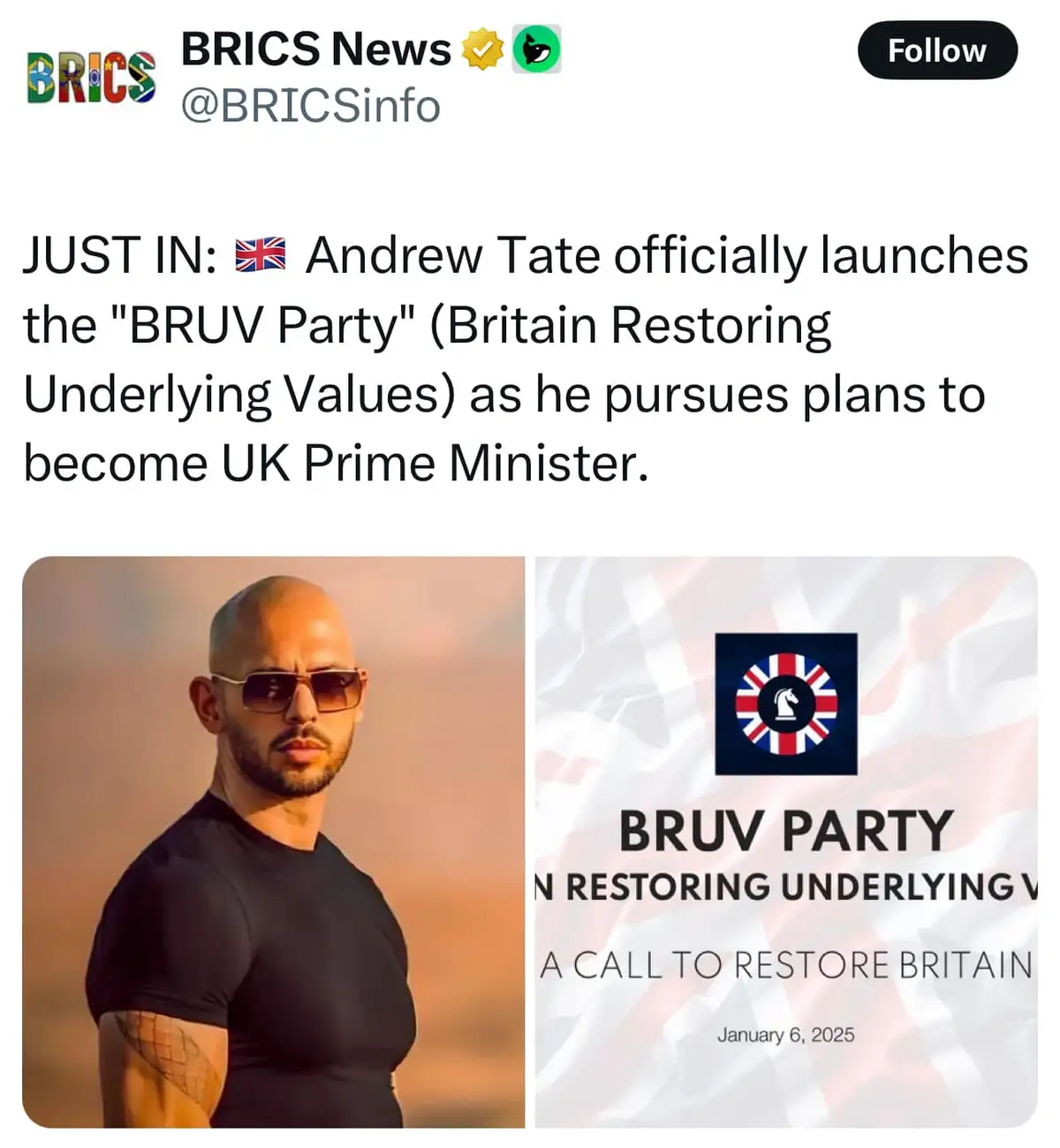 A screenshot of a fake BRICS News tweet claims Andrew Tate launches the 'BRUV Party' (Britain Restoring Underlying Values)…