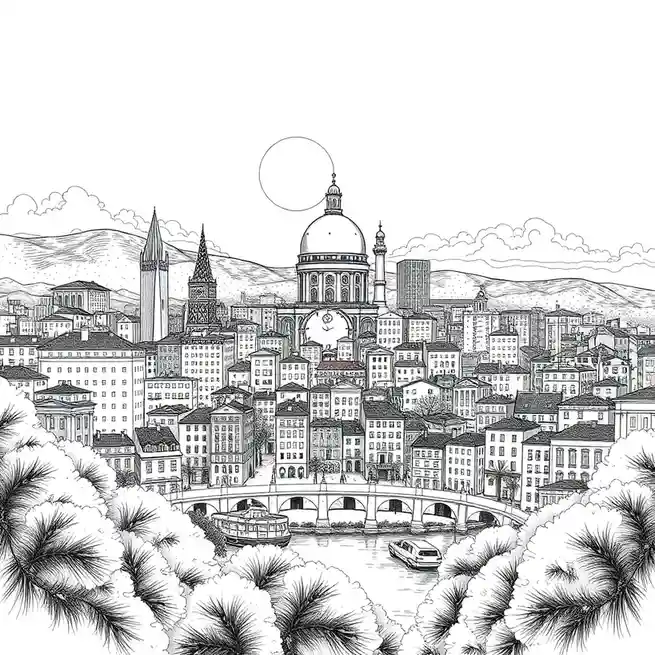 A black-and-white line drawing of a dense European cityscape with a river, bridge, and various architectural styles…