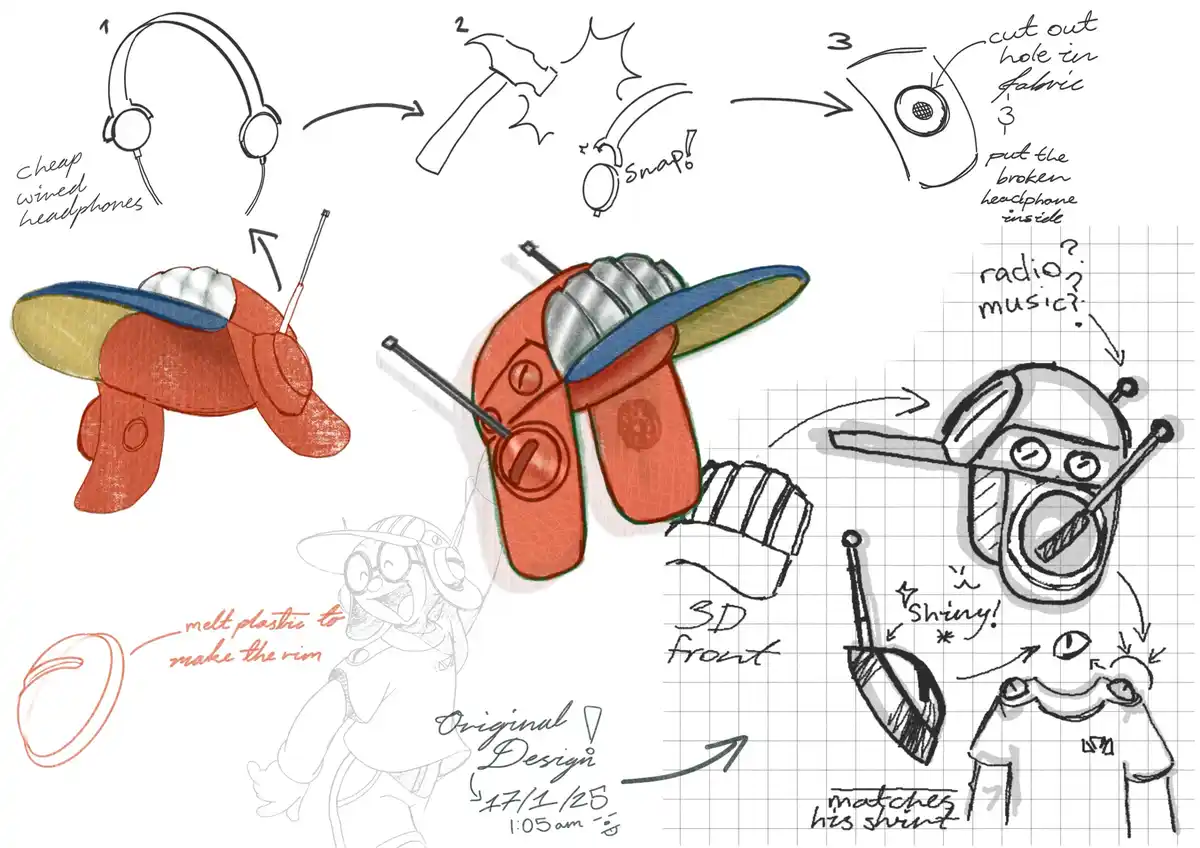 A hand-drawn, step-by-step design sketch shows how to modify cheap wired headphones into a custom hat for a cartoon…
