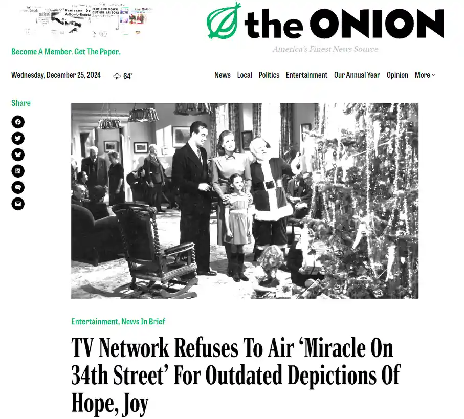 A black-and-white photo from 'Miracle on 34th Street' shows a family with a child and a man dressed as Santa Claus standing…