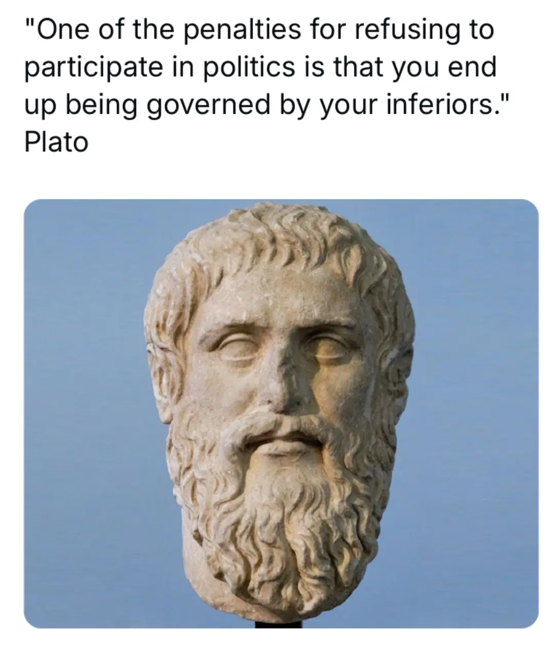 A stone bust of a bearded man, identified as Plato, is shown against a blue sky. Overlaid text quotes Plato: "One of the…