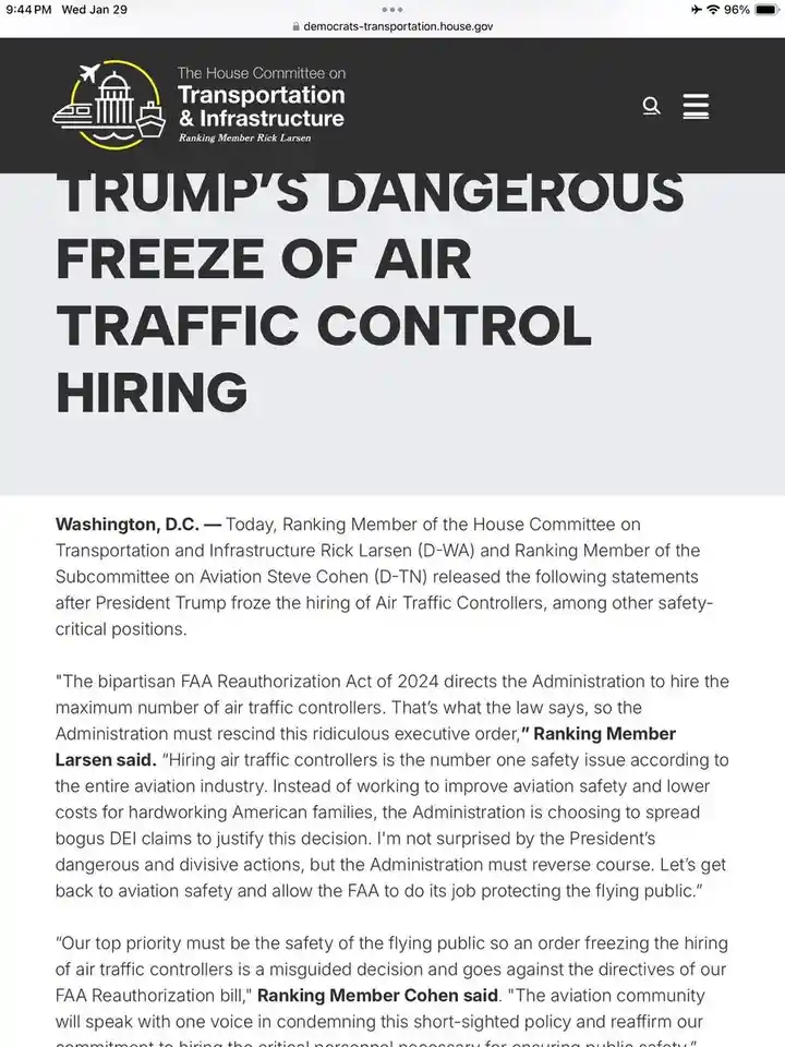 A screenshot of a news article from the House Committee on Transportation & Infrastructure website, featuring a large…