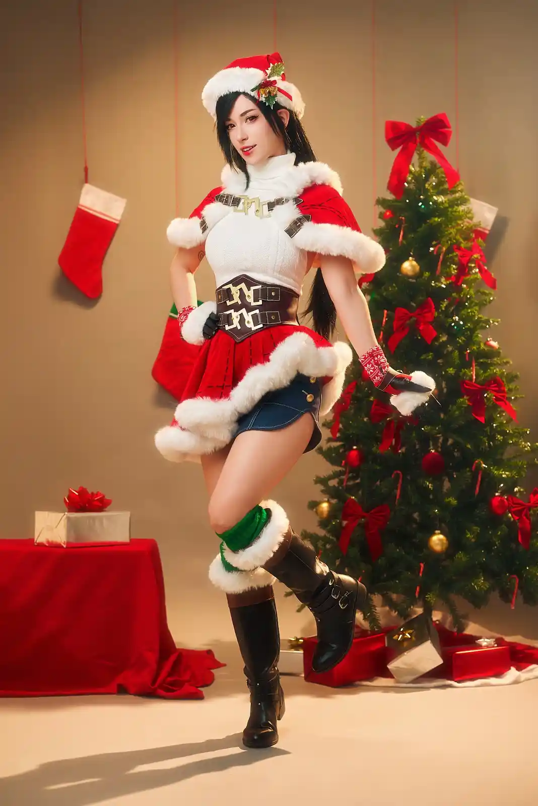 A woman in a stylized, combat-themed Santa outfit with fur trim, leather belts, and thigh-high boots poses confidently next…