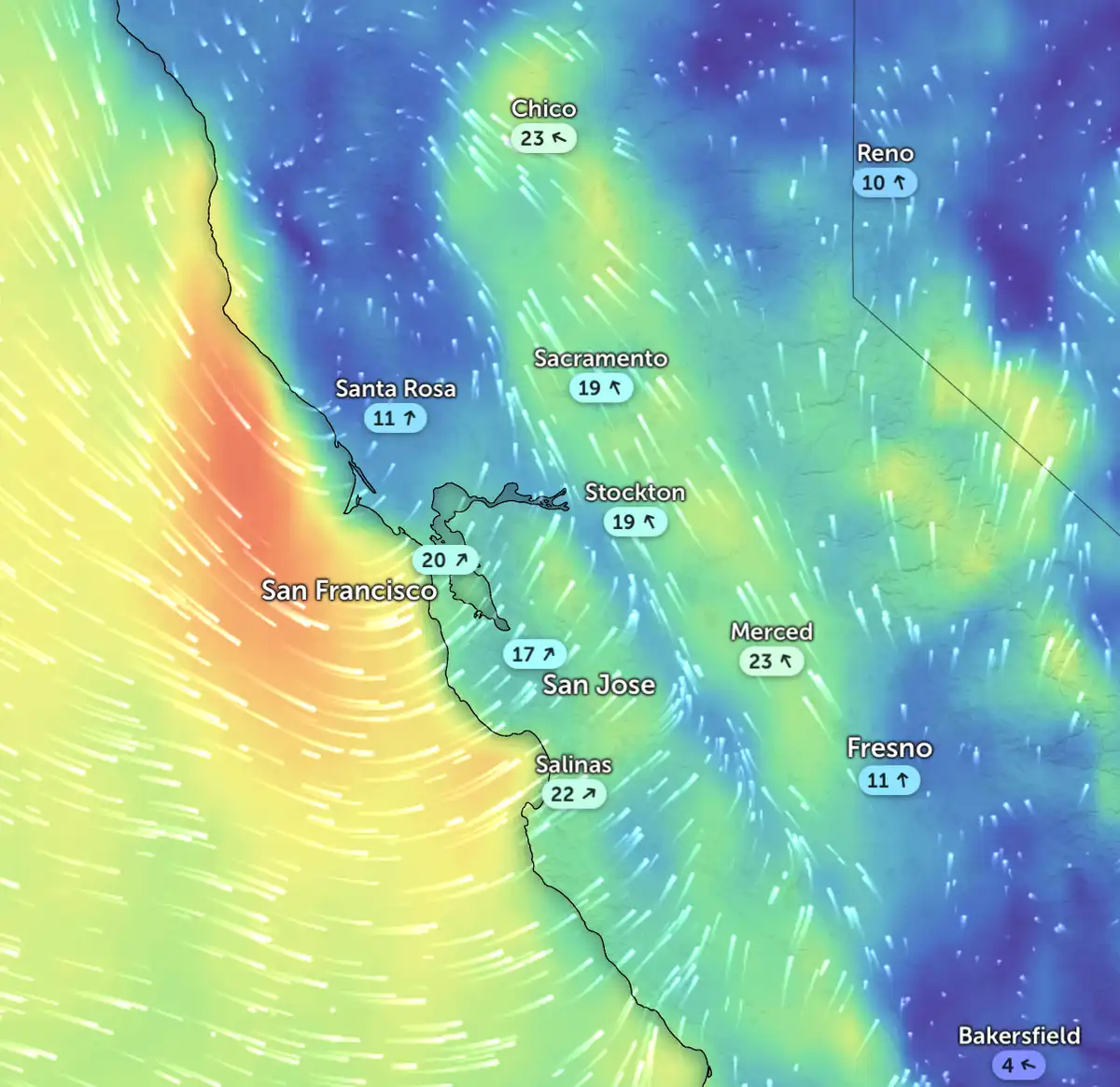 A weather map of Northern and Central California shows wind speed and direction with arrows and color gradients. Cities like…