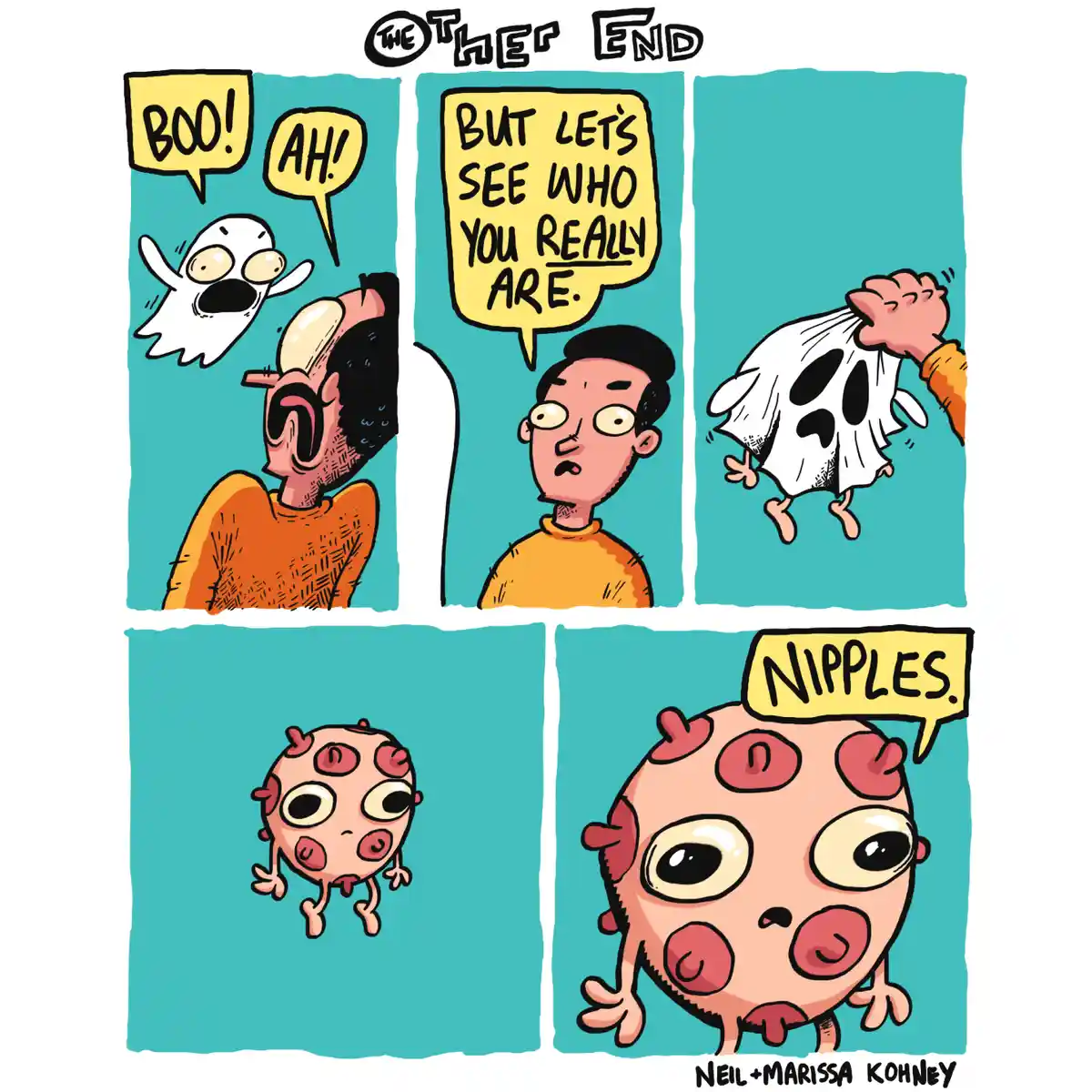 A four-panel comic strip titled 'THE OTHER END' shows a man startled by a ghost that says 'BOO!' and 'AH!'. He then says…