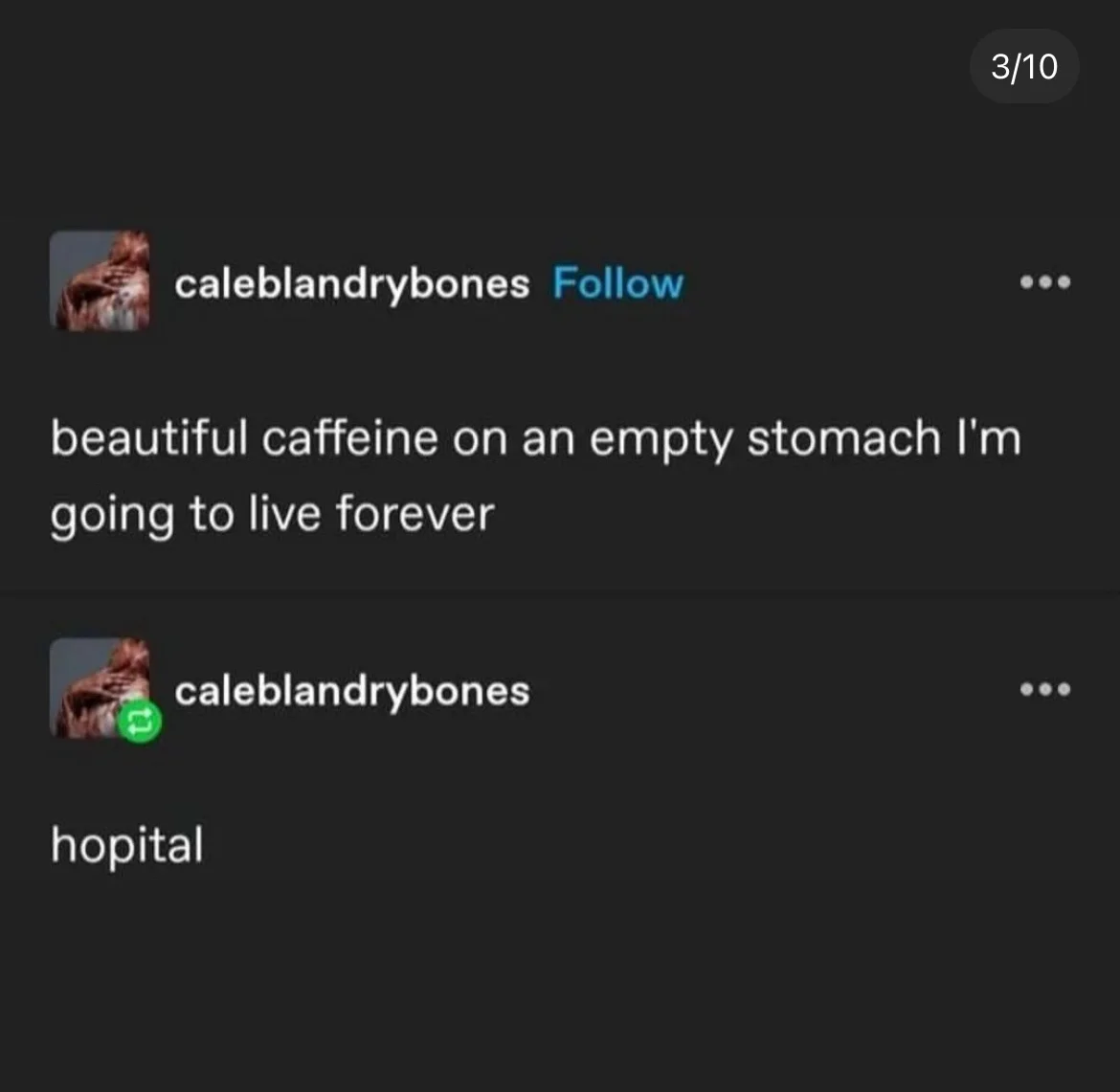 A screenshot of two consecutive social media posts from the same user, 'caleblandrybones', showing a dark interface. The…