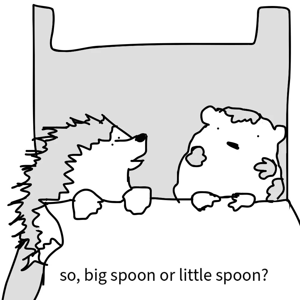 Two cartoon animals, one hedgehog and one bear-like creature, are lying in bed under a blanket. The hedgehog is looking at…