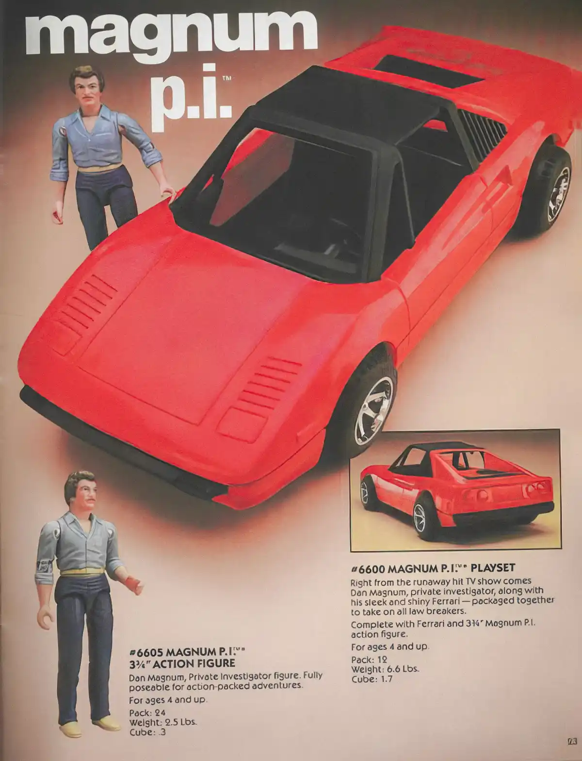 This vintage toy advertisement features a red Ferrari-style car and a Dan Magnum action figure from the TV show 'Magnum…