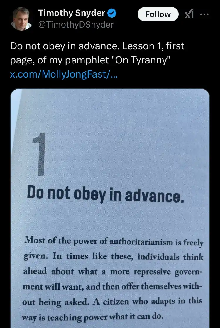 A screenshot of a tweet by Timothy Snyder showing a page from his pamphlet 'On Tyranny'. The page is numbered '1' and…