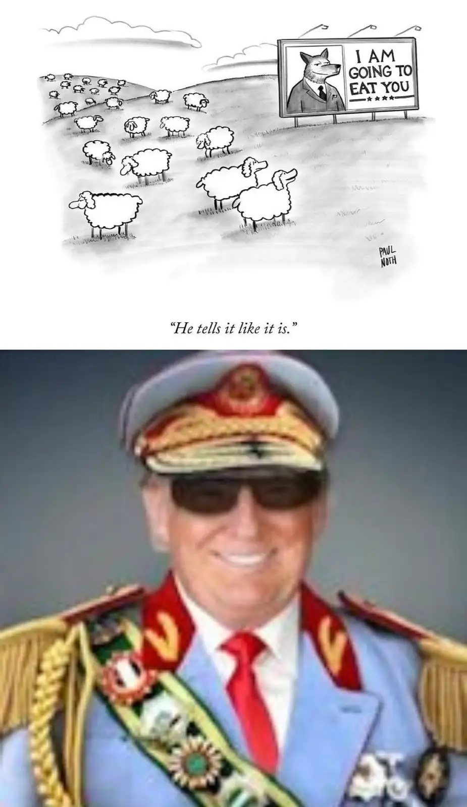 The image is a two-part meme. The top panel is a black-and-white cartoon by Paul Noth showing a flock of sheep in a field…